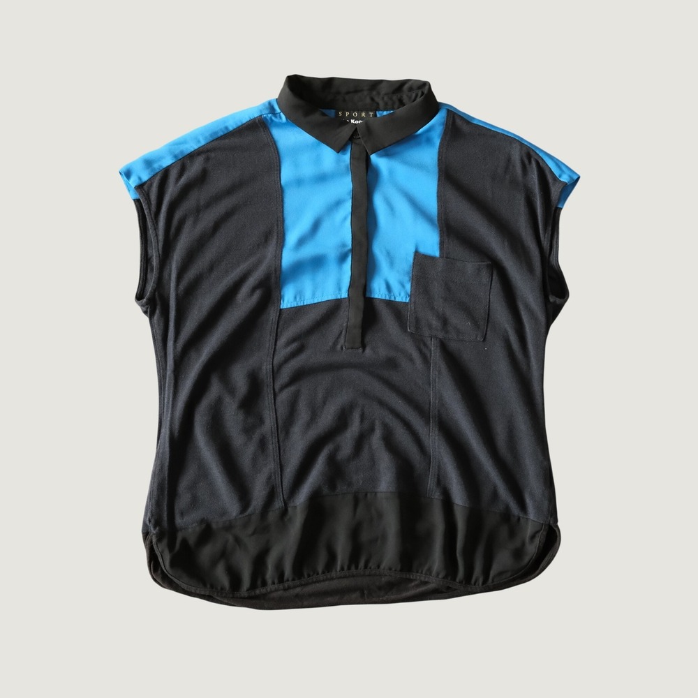The Kooples Sport Top Colorblock Polo Blouse Black Blue Cotton Rayon Size S 3449